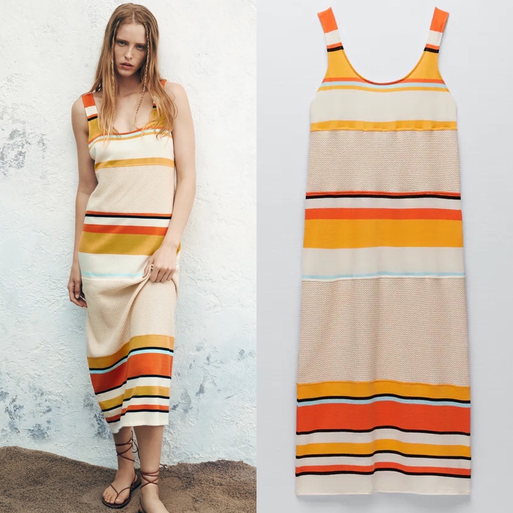Zara CONTRASTING MIDI KNIT DRESS Size L New